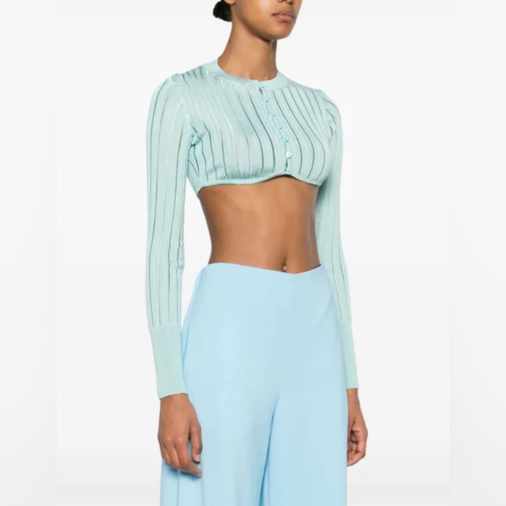 Alaia Rib-Knit Rounded Crop Cardigan in blue